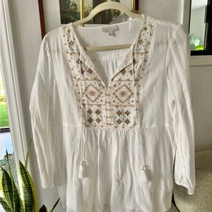 Lucky Brand Embroidered White Peasant Top Size Small